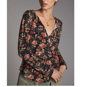 Pilcro Split neck floral top boho‎ thermal knit cottage sz M